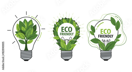 A set of three eco-friendly concept icons showing lightbulbs filled with green leaves and trees symbolizing green energy ideas.