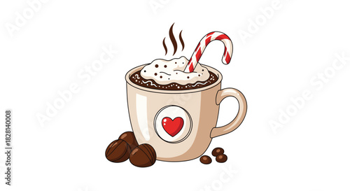 A cozy and festive mug of hot chocolate topped with whipped cream and a candy cane with coffee beans scattered around the base.