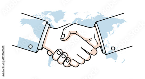 A professional handshake between two business partners symbolizing a global agreement or partnership with a world map in the background.