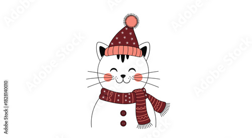 A charming cartoon illustration of a happy white cat wearing a cozy red winter hat and a matching scarf with a snowman-like body.