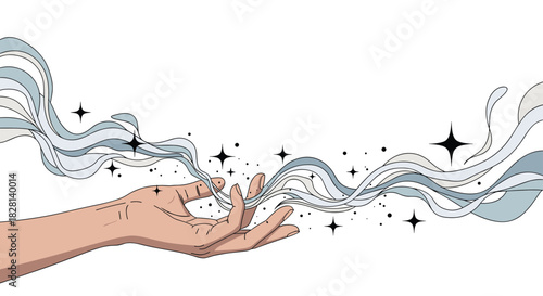 A mystical illustration of a human hand releasing a flowing stream of magical wind or smoke filled with sparkling stars and light.