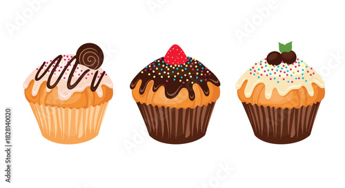 A delicious set of three decorated cupcakes with various toppings like chocolate frosting sprinkles a strawberry and a chocolate swirl.