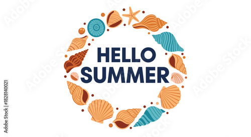 A cheerful Hello Summer greeting inside a circular frame made of colorful seashells and starfish on a clean white background.