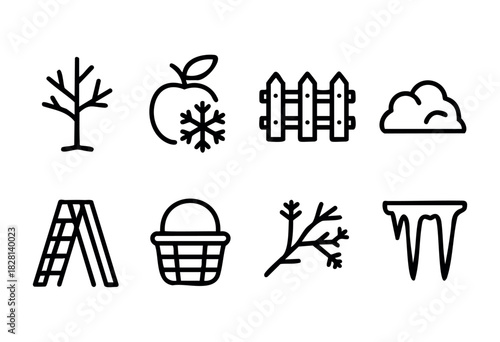 Set of eight simple line icons depicting various winter and garden elements, including a bare tree, frozen apple, fence, bush, ladder, basket, branch, and icicles. Perfect for website design, app inte