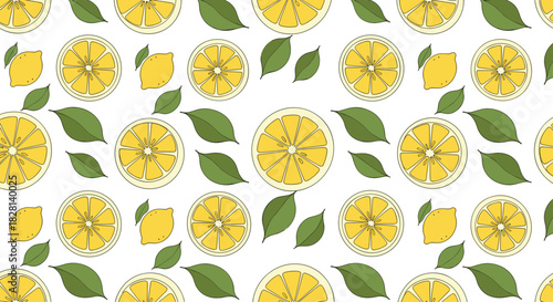 A fresh and vibrant seamless pattern of whole yellow lemons juicy lemon slices and green leaves on a clean white background for design.