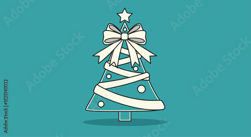 A charming and stylized Christmas tree illustration decorated with a large white bow and ornaments against a solid teal background.