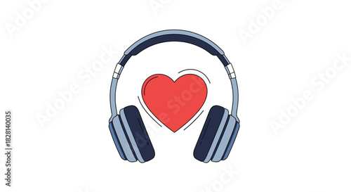 A simple and modern illustration of a pair of headphones with a large red heart symbol pulsating between the earcups for music lovers.