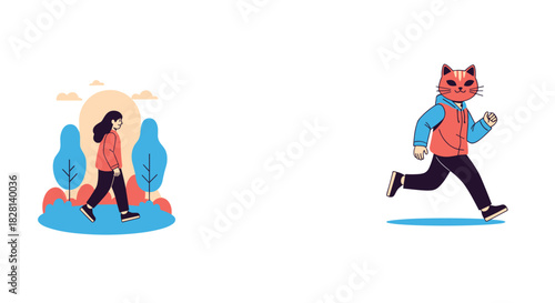 Two separate flat illustrations showing a woman walking peacefully in a park and a whimsical character with a cat head running.