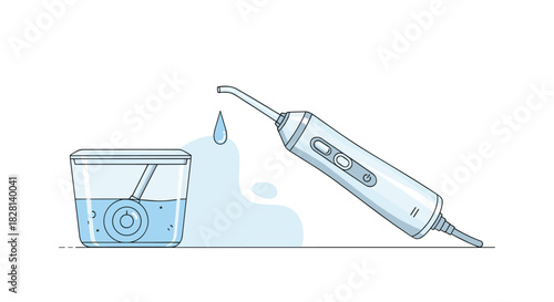 Line art illustration of an oral irrigator or water flosser for dental hygiene with a water tank on a white background.