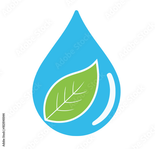 A stylized blue water drop contains a green leaf, symbolizing purity and nature.