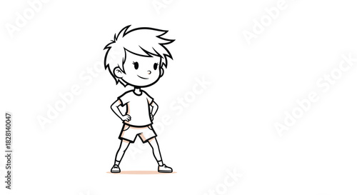 Black and white line drawing of a cute little boy with spiky hair standing confidently with hands on hips and smiling.