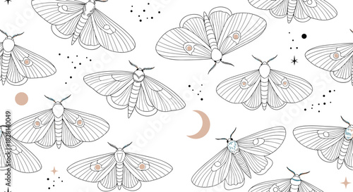 Seamless mystical pattern with elegant hand-drawn moths butterflies moon and stars in a delicate line art celestial design.