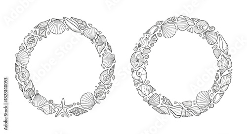 Hand-drawn wreaths made of various seashells and starfish in a detailed line art style isolated on a white background.