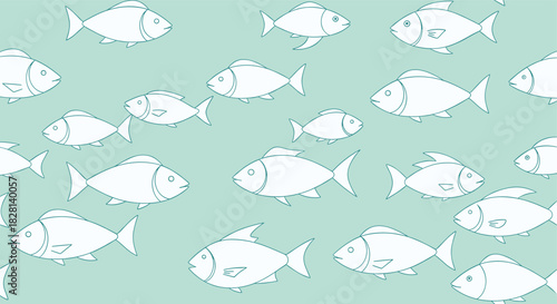 Seamless pattern of minimalist white fish outlines swimming in different directions on a calm light blue-green background.