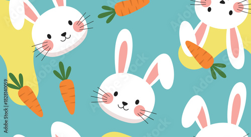 Cute seamless Easter pattern with adorable white bunny faces and orange carrots on a bright blue and yellow background.