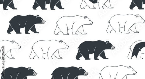 Seamless repeating pattern of walking black bears and polar bears in a simple cartoon style on a white background.