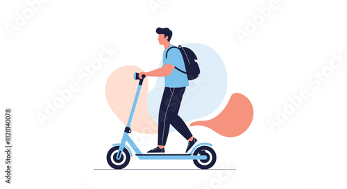 Modern flat design illustration of a young man with a backpack riding an electric scooter for urban eco-friendly transport.