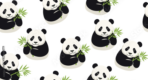 Adorable seamless pattern of cute cartoon panda bears sitting and eating bamboo leaves on a simple white background.