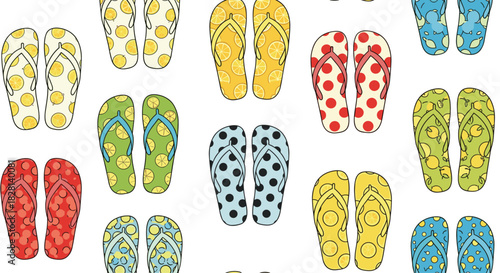 Colorful seamless pattern of various summer flip-flops with polka dot and fruit designs for vacation and beach backgrounds.