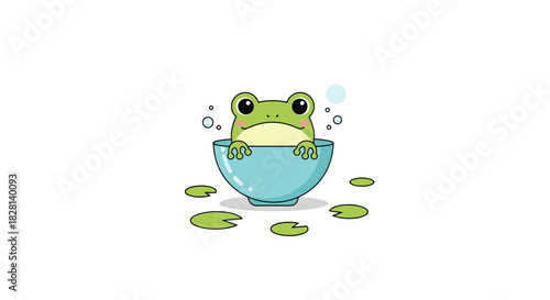 Adorable cartoon frog sitting happily in a blue bowl of water with lily pads and bubbles on a white background.