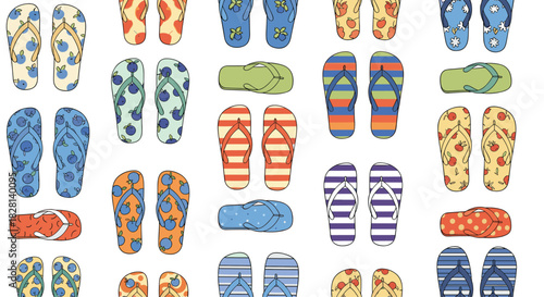 Seamless pattern of colorful summer flip-flops with various fun designs like stripes dots and fruit for a beach holiday.