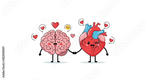 Cute cartoon brain and heart characters holding hands to symbolize the harmony between logic emotion and mental wellbeing.
