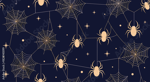 Elegant seamless Halloween pattern of golden spiders and webs on a dark blue background with stars for a mystical feel.