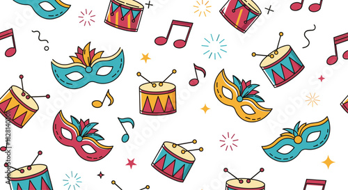 Fun and colorful seamless carnival pattern with festive masks drums and music notes for a vibrant party celebration.