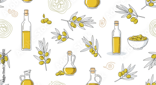 Seamless pattern of hand-drawn olive branches green olives and glass bottles of olive oil on a clean white background.