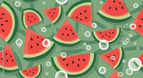 Refreshing seamless summer pattern of juicy red watermelon slices with seeds and bubbles on a green background.