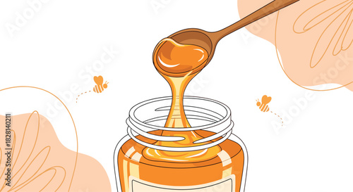 Close-up illustration of a wooden spoon dipping into a glass jar of golden honey with two small bees flying nearby.