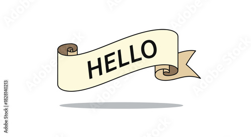 Simple cartoon ribbon banner with a shadow effect and the word hello written on it to use as a greeting.