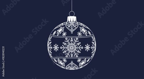 An elegant and intricate white line art illustration of a Christmas bauble with snowflake patterns hanging against a solid dark blue.