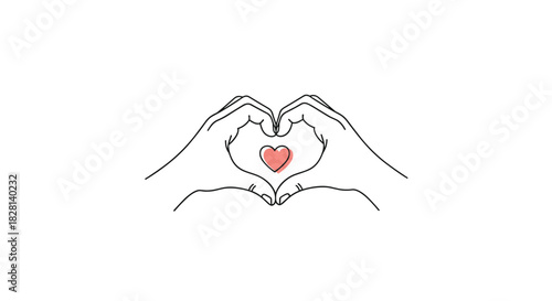 A minimalist line art illustration of two hands coming together to form a heart shape with a small pink heart in the center symbol.