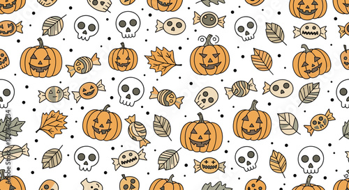 A fun and spooky seamless Halloween pattern featuring cute cartoon jack-o-lanterns smiling skulls wrapped candies and autumn leaves.