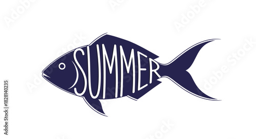 A creative summer-themed logo or emblem featuring a dark blue fish silhouette with the word SUMMER integrated inside as typography.