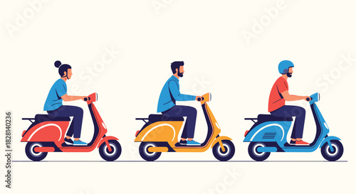 Flat design illustration of diverse young people including men and a woman riding colorful scooters in a modern style.