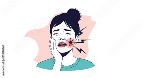 An expressive illustration of a young woman suffering from a severe toothache holding her cheek in pain with lightning bolt symbols.