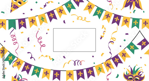 A festive Mardi Gras celebration background with colorful bunting confetti and masks creating a frame around a blank space for text.