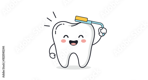 Cute cartoon tooth character smiling happily while brushing itself with a toothbrush to promote dental hygiene.