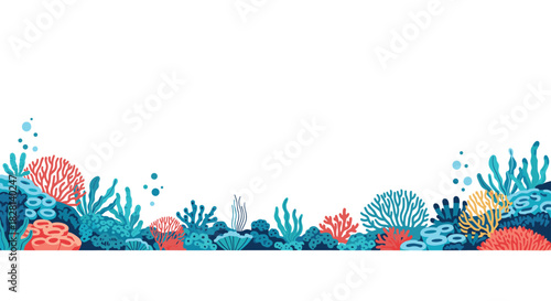 A vibrant underwater seascape border featuring a colorful variety of coral reef plants and seaweed on the ocean floor with bubbles.