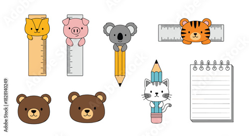 An adorable collection of back-to-school supplies featuring cute kawaii animal characters like cats bears pigs and koalas on stationery.