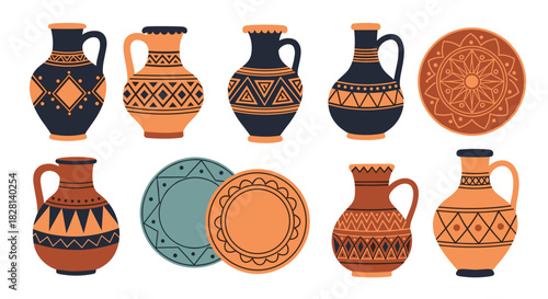 A beautiful collection of traditional clay pottery including various jugs vases and plates decorated with ancient ethnic ornaments.