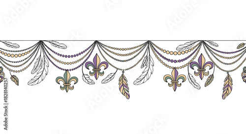 An elegant seamless horizontal border for Mardi Gras celebrations featuring ornate beads feathers and fleur-de-lis symbols in festive colors.