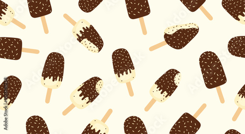 A delicious seamless pattern of vanilla ice cream bars on a stick dipped in chocolate and covered with sprinkles on a light background.