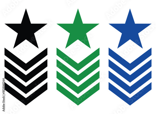Three colored insignia symbols with stars above chevron stripes.