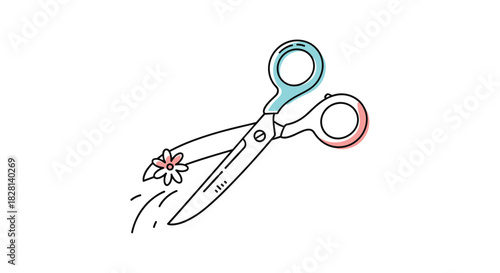 Minimalist line art illustration of a pair of scissors cutting a flower symbolizing creativity or a fresh start.