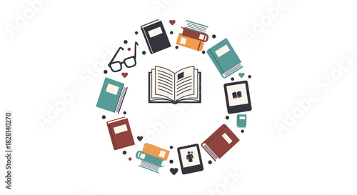 Circular frame of books e-readers and glasses with an open book in the center for a library or bookstore logo.