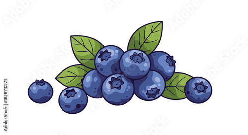 Colorful illustration of a pile of fresh blueberries with vibrant green leaves isolated on a clean white background.