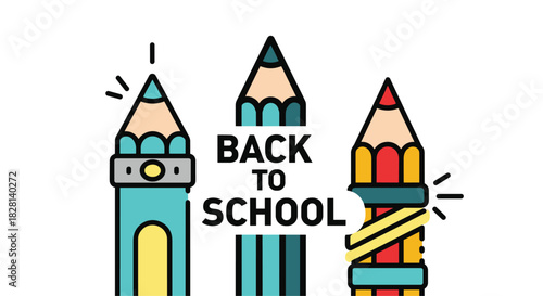 Colorful graphic with three cartoon pencils and the text back to school for welcoming students to a new academic year.